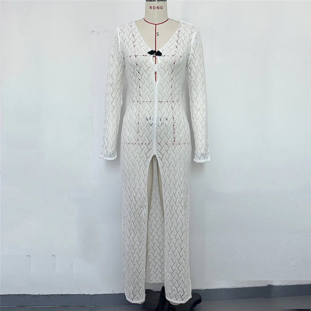 3 Colors Long Sleeve Cut Out Crochet Knitted Tunic Beach Cover Up Cover-ups Beach Dress Beach Wear Beachwear Female Women K6536