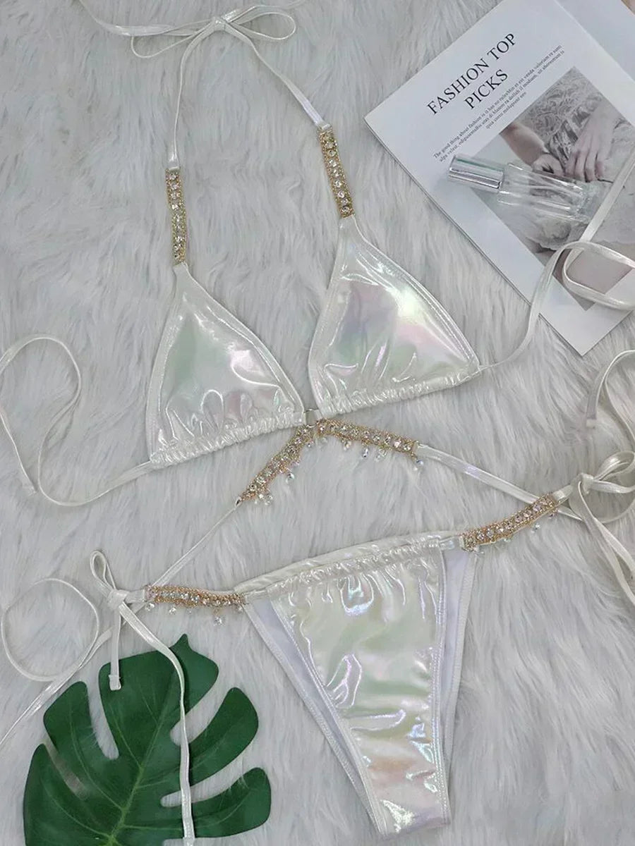 Wrap Around Halter Metal Chains Bikinis 2025 Diamond Bikini Women Swimsuit Female Swimwear Two Pieces Bikini set Bathing Suit