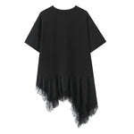 New Women's Lace Patchwork T-Shirt Top Women Lace Trim Hem T Shirt Crew Neck Short Sleeved Loose Fit Casual Solid Color Top MQ08