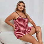 Plus Size Striped Women Pajama Set Sleeveless O Neck Top & Elastic Waist Shorts Heart Print 2 Pieces Female Sleepwear Nightwear