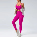 2 pcs/set Seamless Tight Pants Set Rose Red Tank Top Outfit Women's Clothing BreathableTrousersAthleisure Fitness Pants