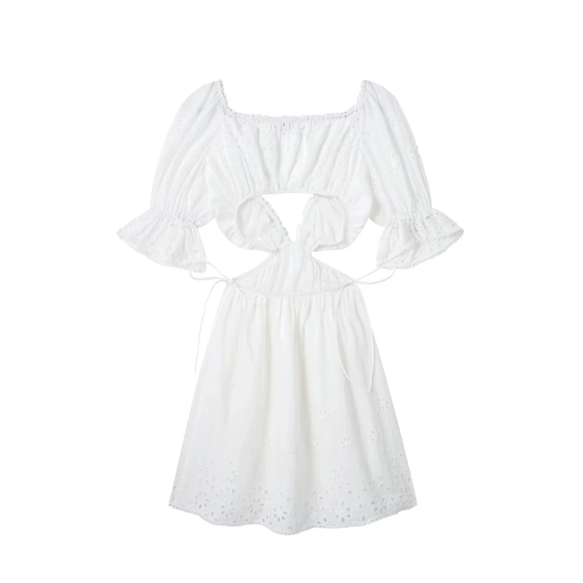 Foridol Lace Summer White Dress Women Puff Sleeve Embriodery Waist Cut Out Beach Short Sexy Cotton Dress Backless 2025 Sundress