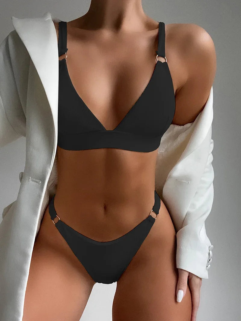 Ribbed Triangle High Cut Bikini Women Swimsuit Female Thong Swimwear Two Pieces Bikini Set Rings Bather Bathing Suit Swim Lady