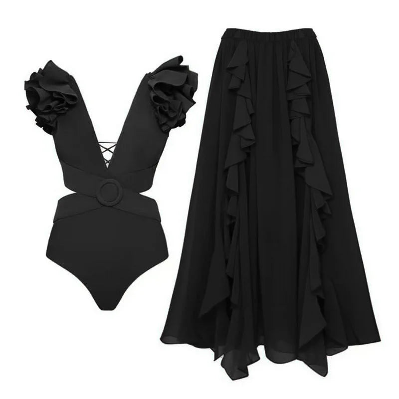 2026 Women Swimwear 2PC Cover-up Swimsuit Ruffle Solid Printed Deep V One-piece Monokini Kimono Bikini Suit Summer Beachwear