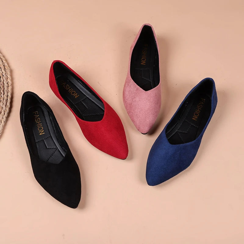 Women Suede Pointed Toe Flat Shoes V‑Cut Slip On Soft Sole Large Size Multi‑Color Casual Comfort Dress Daily Office Ballet Flats
