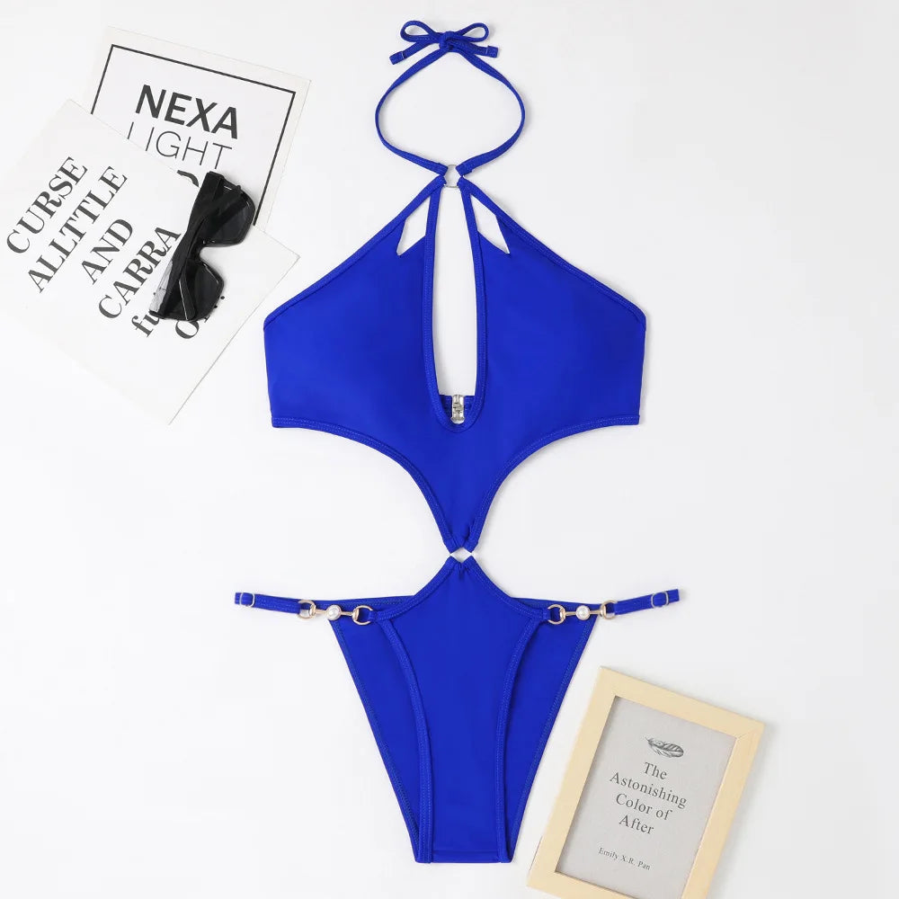 Solid Color One Piece Swimsuit Women 2026 Sexy Hollow Out Pearl Chain Bikini Halter Backless Thong Swimwear Beach Bathing Suit