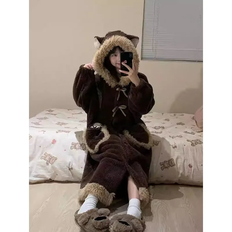 Cute Coral Velvet Hooded Pajamas Long Robes Women Winter Warm Soft Plush Thickened Night Gown Students Homewear Bath Robe 2025