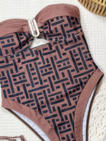 Sexy Bandeau One Piece Swimwear Women 2026 Coffee Plaid Metal U Neck Hollow Out Bathing Suits Slimming Tummy Control Swimsuit