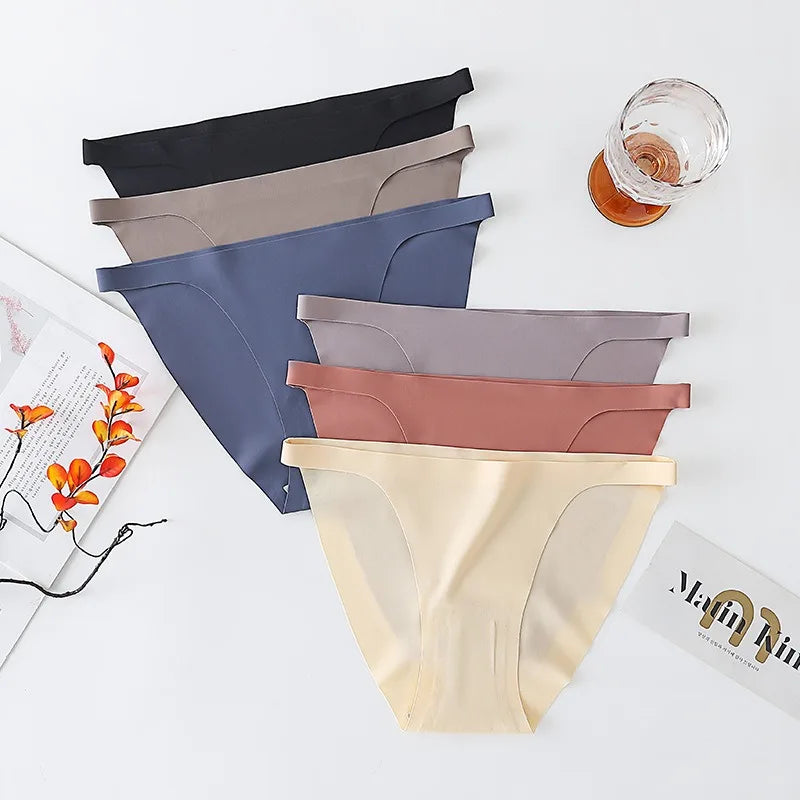 4Pcs/Set Ice Silk Bikini Panties Women Sexy Briefs Low Rise Underwear Seamless Underpants Solid Color Ultra-thin Lingerie M-XL