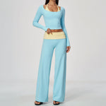 Women 2 Piece Yoga Set Gym Clothing Fitness Suit Workout Tracksuit Running Sportswear Outfits Layered Long Sleeve Wide Leg Pants