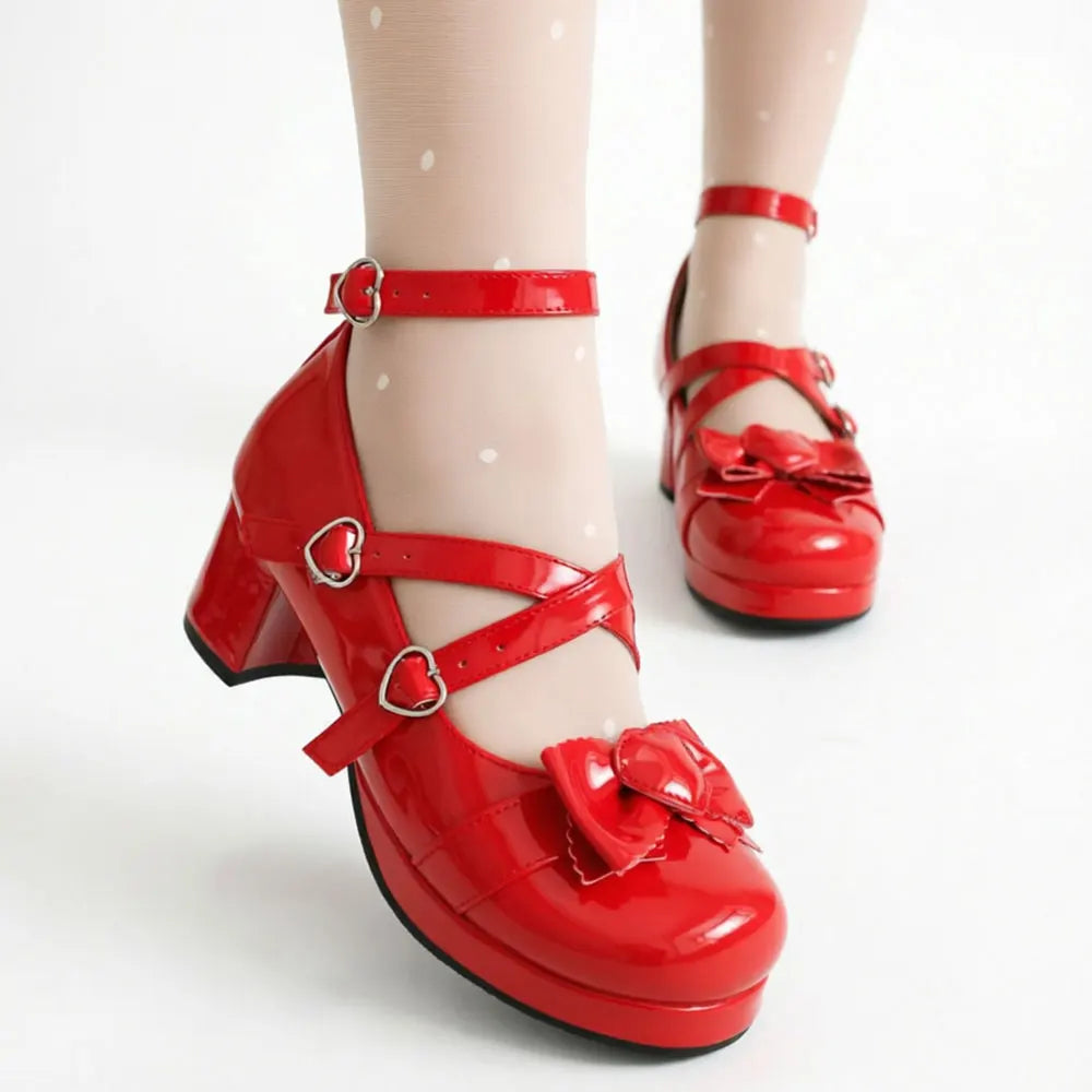 Plus Size 48 Women's Sweet Lolita Mary Jane Heels Pumps Heart Buckle Cross Ankle Strap Bow Platform 5.5cm Block Heel Goth Shoes