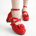 Plus Size 48 Women's Sweet Lolita Mary Jane Heels Pumps Heart Buckle Cross Ankle Strap Bow Platform 5.5cm Block Heel Goth Shoes
