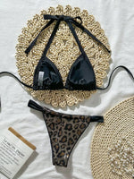 Sexy Brozing Black Leopard Print Bikini Women Halter Push Up Bra Pleate Thong Swimsuit 2026 Beach Bathing Suit Holiday Swimwear