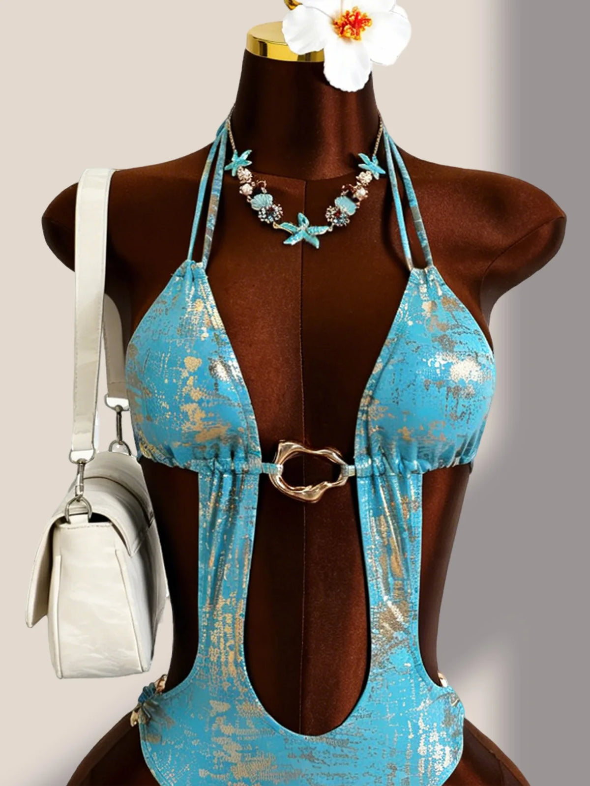 Sexy Blue Brozing Gradient One Piece Swimsuit Holiday Swimwear Women 2026 Metal Chain Hollow Out Backless Bandage Thong Bikini