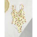 S - XL Cherry Printed Plaid Cut Out One Piece Swimsuit Women Swimwear Female Frilled High Leg Cut Bather Bathing Suit Swim V7557