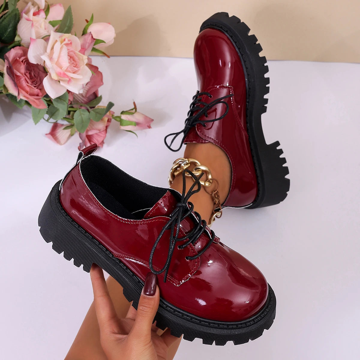 Women Patent Leather Platform Oxford Shoes Lace Up Chunky Lug Sole Round Toe Retro Sweet Cool Casual Dress Shoes