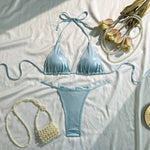 Shiny Blue Bikinis Sets 2026 Women Sexy Bandage Cross Push Up Bra Back Bow Triangle Swimsuit Beach Bathing Suit Micro Swimwear