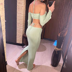 Sexy Knitted Sling Long Skirts Woman's Set Casual Slim Solid Lace Up Tube Tops Slit Skirt Sets Female Summer Beach Dress V6187