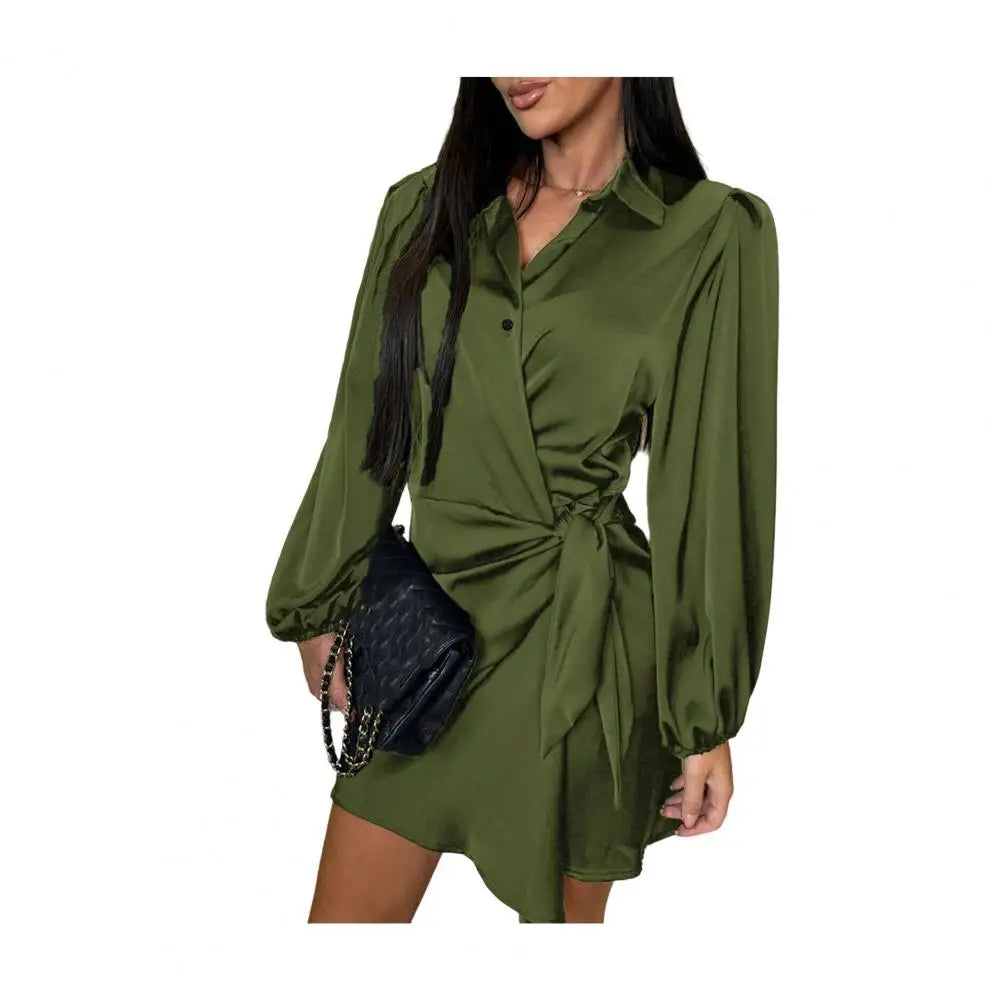 Party Club Short Dress Women's Satin Shirt Dress V Neck Long Sleeve Wrap Dresses Casual Tie Waist Mini Dress