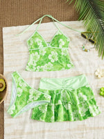 Vintage Green Floral Print Bikini Set 2026 Women Drawstring Pleate Skirt 3 Piece Swimsuit Beach Holiday Bathing Suit Swimwear