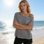 Womens Off Shoulder Striped Print T-Shirts Casual Loose Short Sleeve Summer Boat Neck Tops