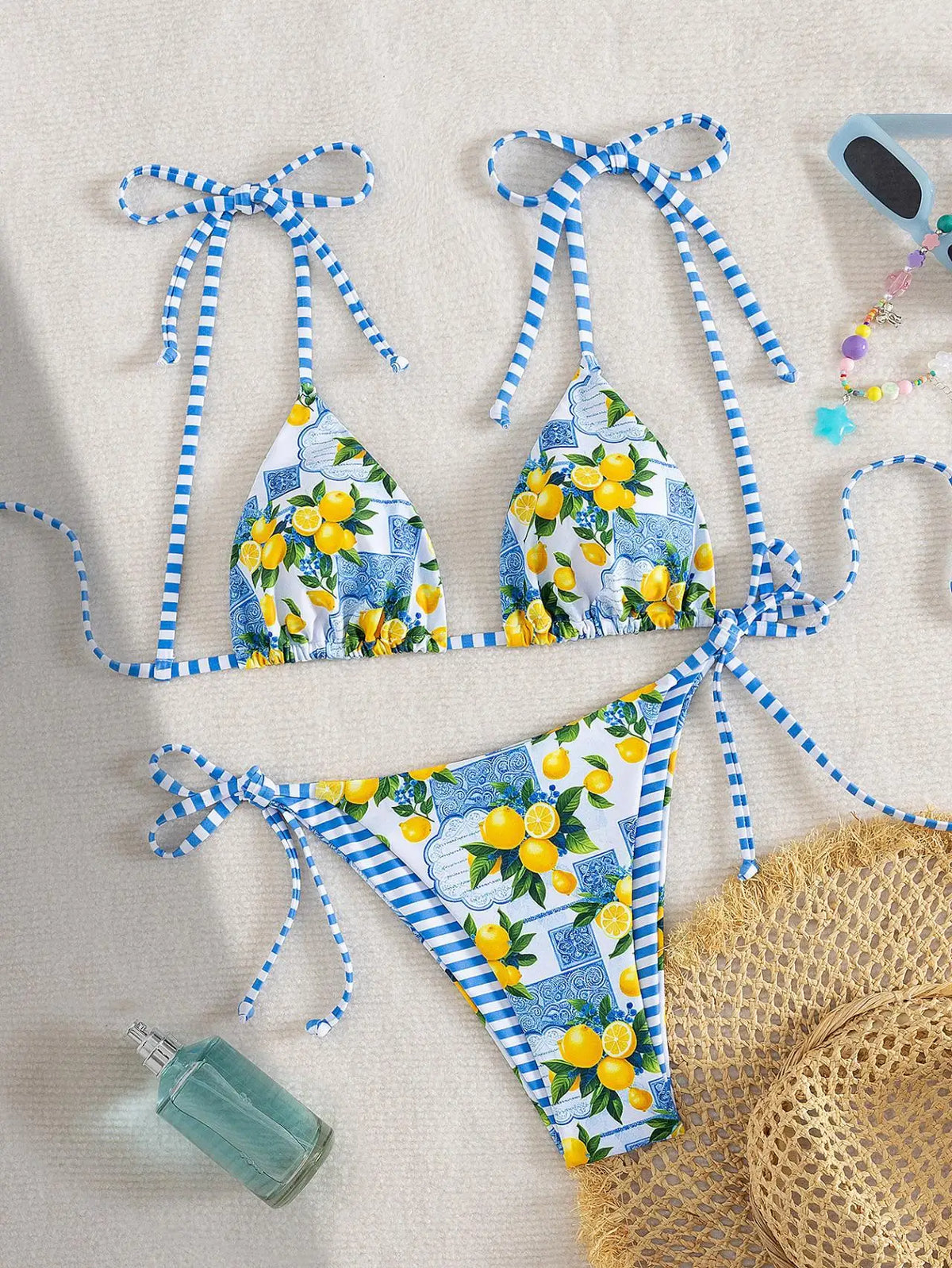 Sexy Blue Fruit Print Micro Bikini 2025 Women Tie Up Strap Push Up Triangle Swimsuit Beach Bathing Suit Holiday 2 Piece Swimwear