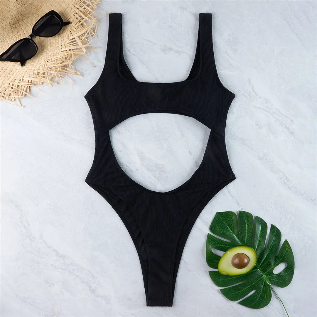 Sexy Tummy Cut Out Ribbed Backless One Piece Swimsuit Women Swimwear Female High Leg Cut Padded Bather Bathing Suit Swim K5263