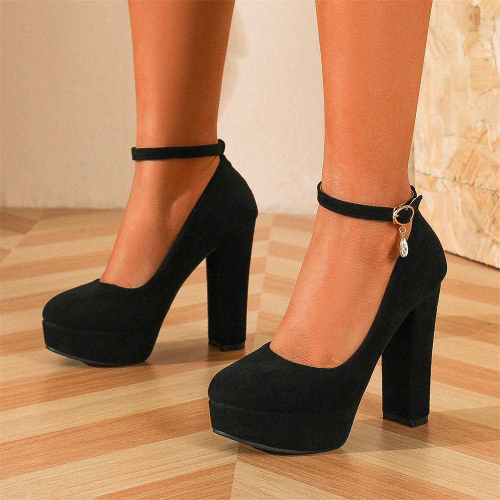 2026 Plus Size 43 Elegant Black Ankle Strap Platform Pumps Sexy Spike High Heels Shoes Women Classic Apricot Office Lady Shoes