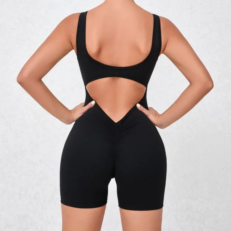 Women's Seamless Yoga Jumpsuit - Quick-Dry Nude Workout Suit with V-Neck & Sexy Back, Tight Fitness Wear for Running Gym Workout
