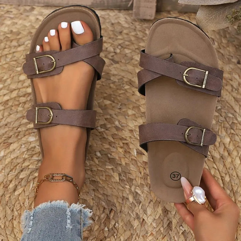 2026 Women's Cork Footbed Slide Sandal Adjustable Buckle Summer Outdoor Suede Sandals with Arch Support Non-slip