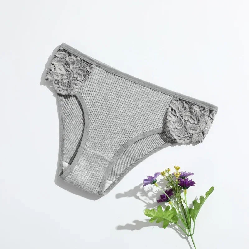 4Pcs/Set Cotton Panties Women Low Rise Briefs Breathable Underwear Solid Color Lace Trims Panty Female Underpants Sexy Lingerie