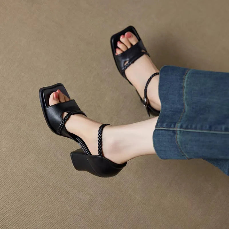 Fashion Leather Women Pumps Shoes Buckle Strap Spring High Heels Sexy Square Toe Summer Sandals