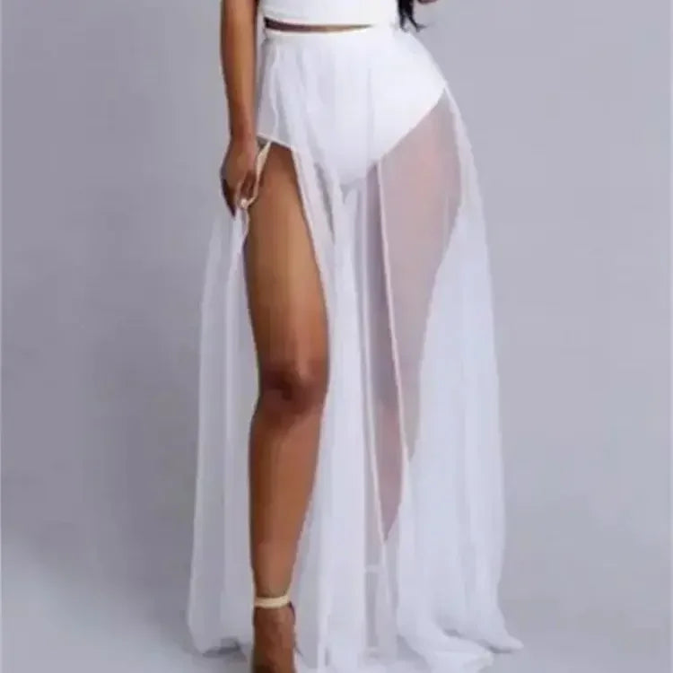 Womens Mesh Beach Wrap Skirt Bikini Cover-Ups High Waist See Through Slit Long Skirts Sexy Club Cover-ups