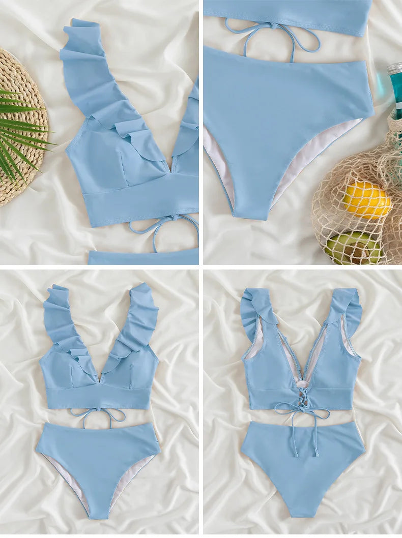 Solid Color Sexy V-neck Ruffle Bikini 2026 Women 2 Piece Swimwear Push Up Padded High Waist Swimsuit Summer Beach Bathing Suit