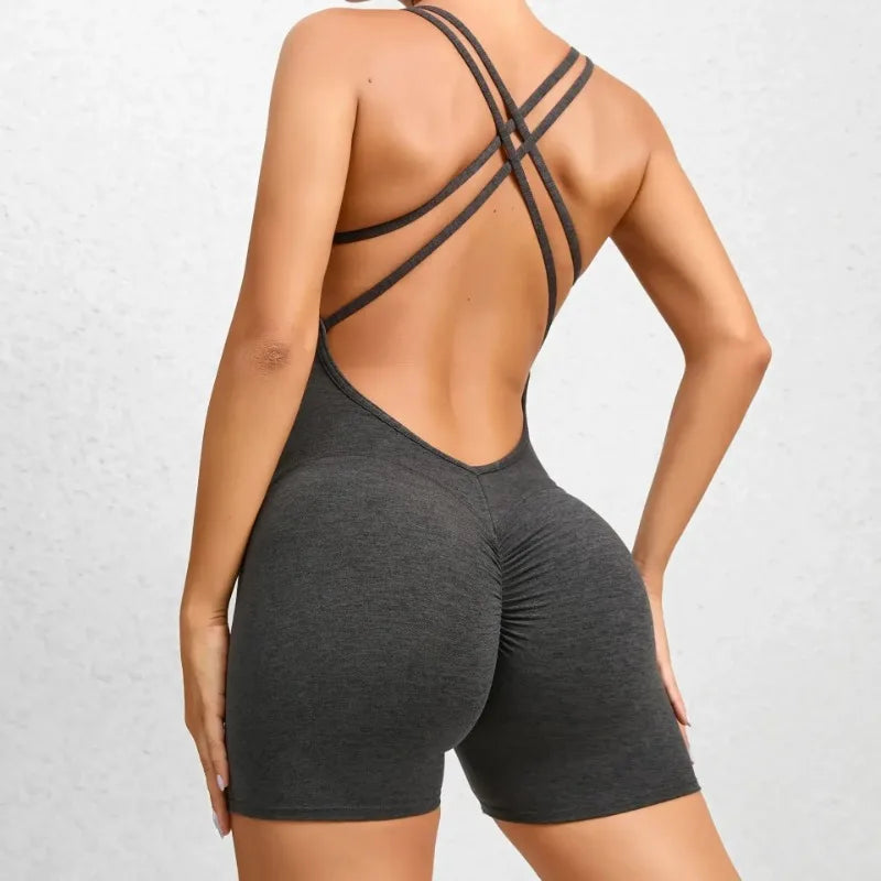 Seamless Yoga Jumpsuits Sports Fitness Pleated Peach Hip-lifting Beauty Back Dance Jumpsuit Workout Gym Shorts Set for Women
