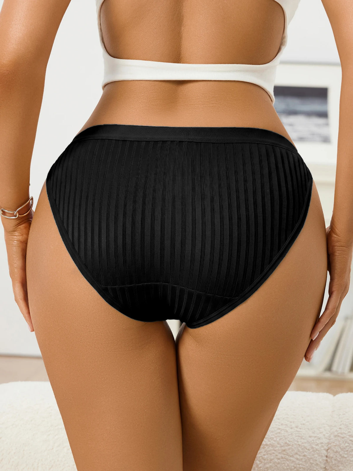 Ribbed Women High Cut Thong Solid Elastic Waistband Panties Soft Breathable Skin Friendly Ladies Underwear