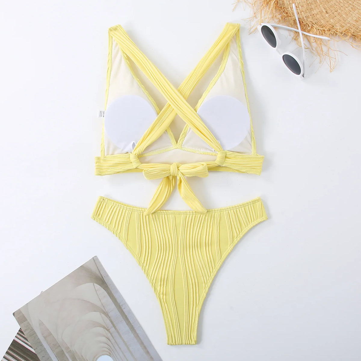 Wrinkled Crinkled Cross Back Bikini Women Swimwear Female Swimsuit Two-pieces Bikini Set High Cut Bathing Suit Swim Beach Wear