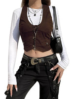 Women Vest Sleeveless V Neck Button Down Tank Tops Gilet with Pockets for Casual Street Gothic