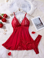 Sexy Lace Lingerie Set for Women, Red Hot Sleepwear Nightdress with Matching Panties, V-Neck Sheer Lace Camisole, Romantic Night