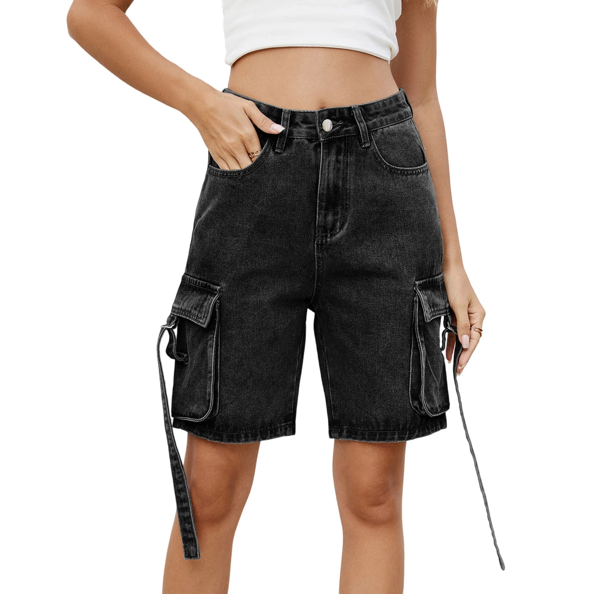Women Cargo Denim Shorts Casual Summer Loose Solid Colors Jean Short Pants for Vacation Beach Club Streetwear
