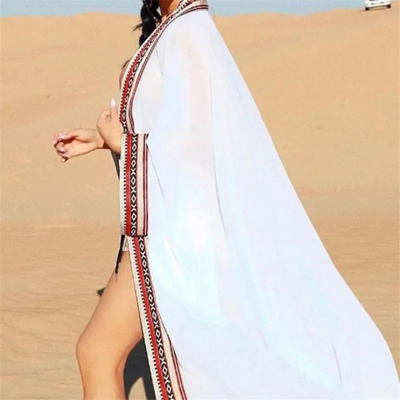 White Chiffon Long Maxi Kimono Cardigan Women Beach Cover Up Embroidery Edge with Belt Tunica Kaftans Femininos Beachwear 2026