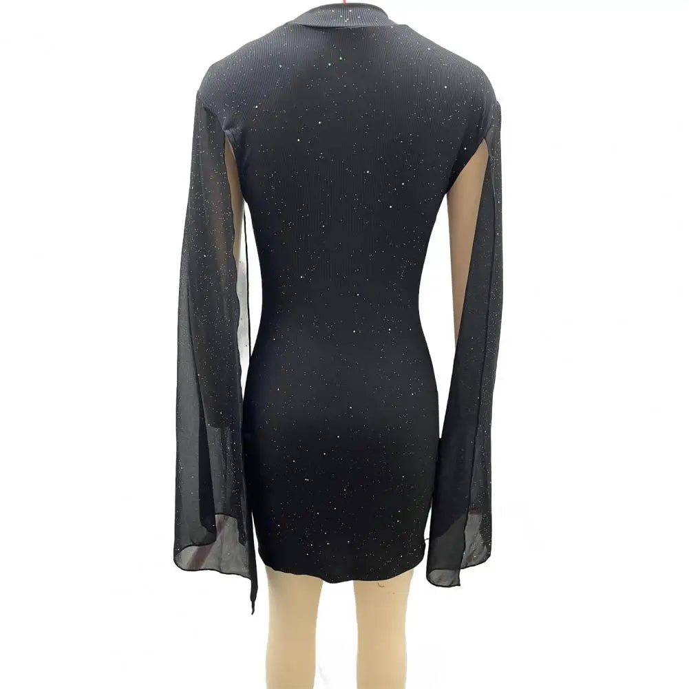 Women's Cape Sleeve Dress Mock Neck Bodycon Mini Dress Sexy Shiny Chiffon Cloak Sleeve Cocktail Dress for Wedding Evening Party