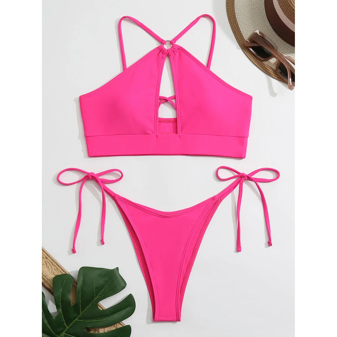 Cut Out Halter Bikini Female Swimsuit Women Swimwear Two-pieces Bikini set Padded Strappy Bather Bathing Suit Swim Lady V3423
