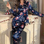 Women Satin Christmas Pajama Set Santa Snowflake Print Button Down Long Sleeve Top & Long Pants 2PCS Silk Sleepwear Loungewear