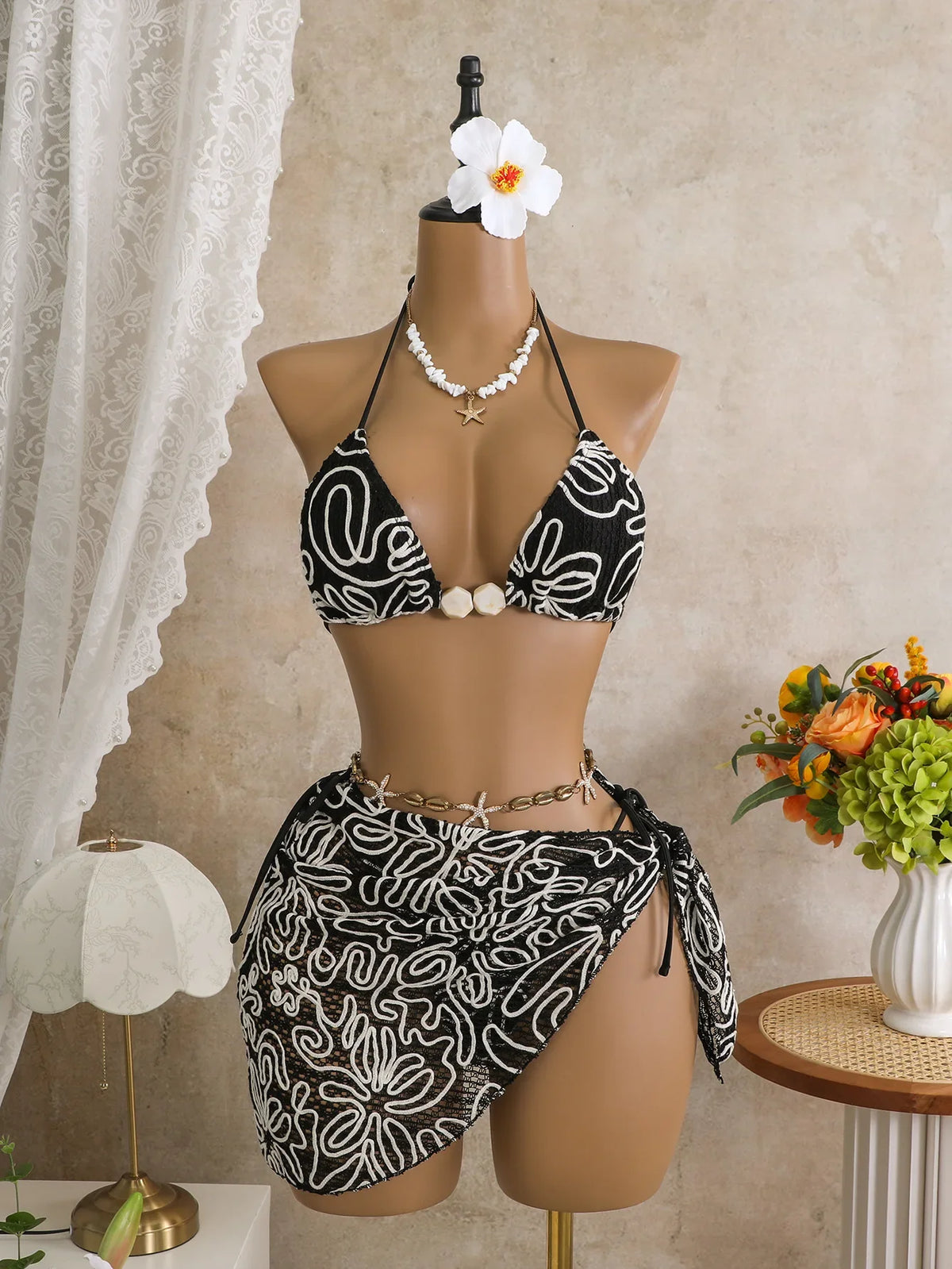 Vintage Pink Mesh Skirt 3 Piece Bikini Set Women Stone Strap Push Up Bra Triangle Swimsuit Holiday Bathing Suit Swimwear 2026