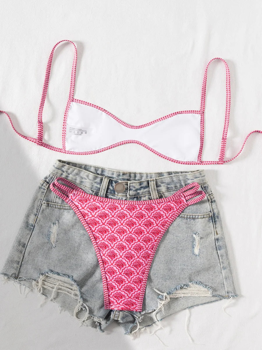 XS - XL Flowers Printed High Leg Cut Bikini Female Swimsuit Women Swimwear Two-pieces Bikini set Bather Bathing Suit Swim Lady