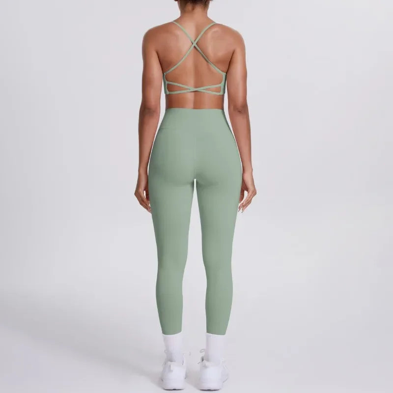 Women's Seamless Yoga Set Cross Back Sports Bra & High Waist Booty Lifting Yoga Leggings Gym Running Fitness Workout Outfit