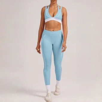 Women's Yoga Sets Sports Fitness V-Neck Halter Sports Bra Color-Block Hip-lifting Pants Suits Running Training Workout Gym Sets