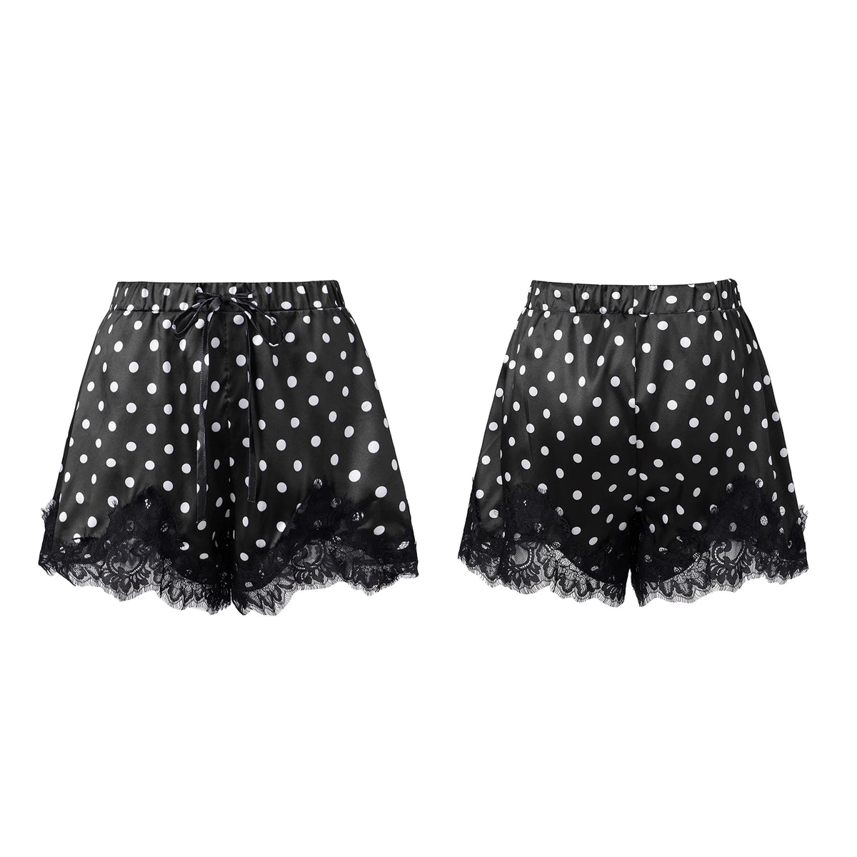 Summer Women's Dots Print Satin Shorts Elastic Waist Loose Lace Trim Hem Short Pants for Daily Casual Lounge Wear