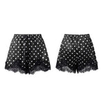 Summer Women's Dots Print Satin Shorts Elastic Waist Loose Lace Trim Hem Short Pants for Daily Casual Lounge Wear